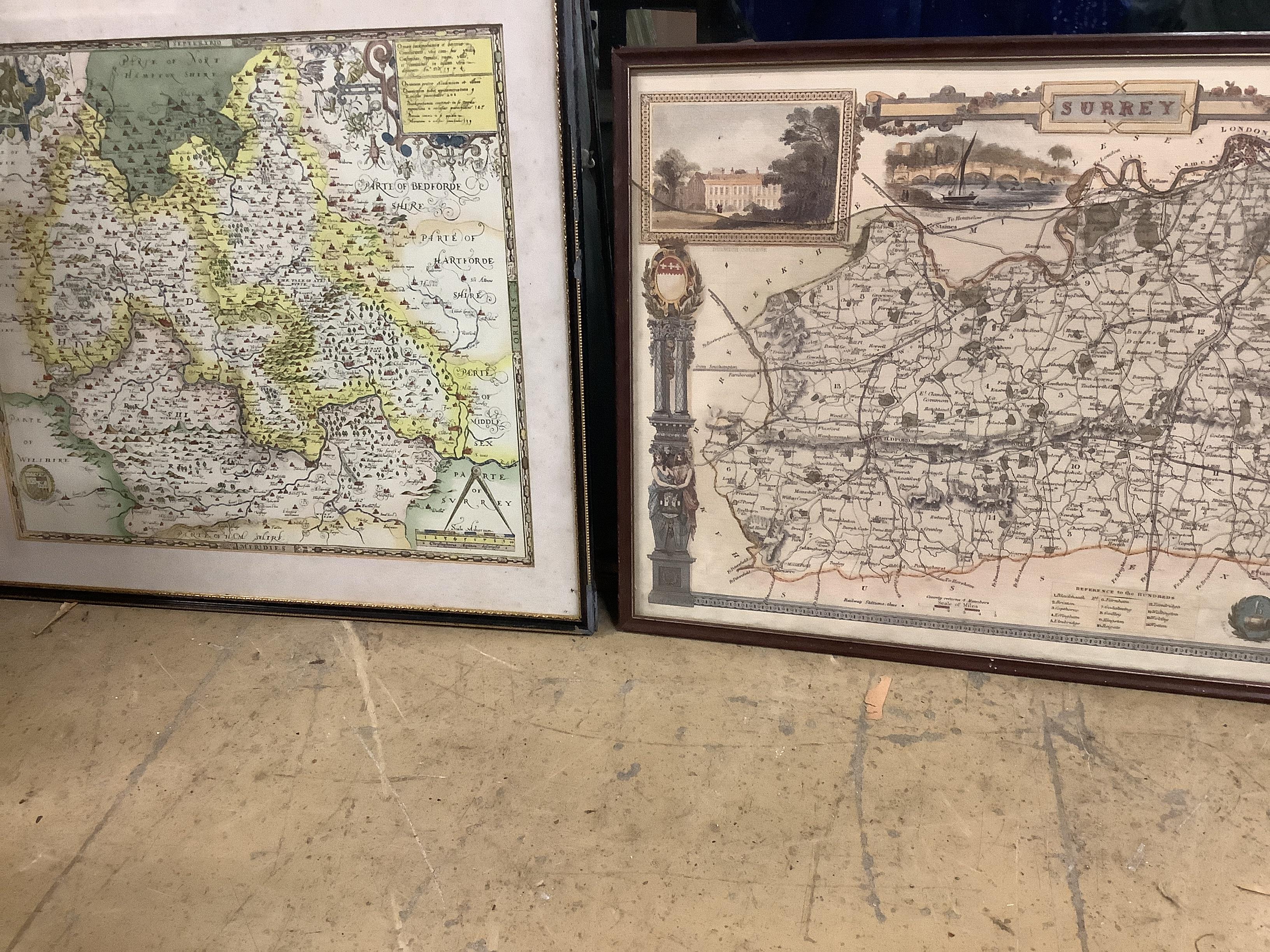 After John Leech a pair of humorous angling prints, three map prints, Sussex, Surrey and Oxfordshire and an engraving, largest 49 x 55cm (7)